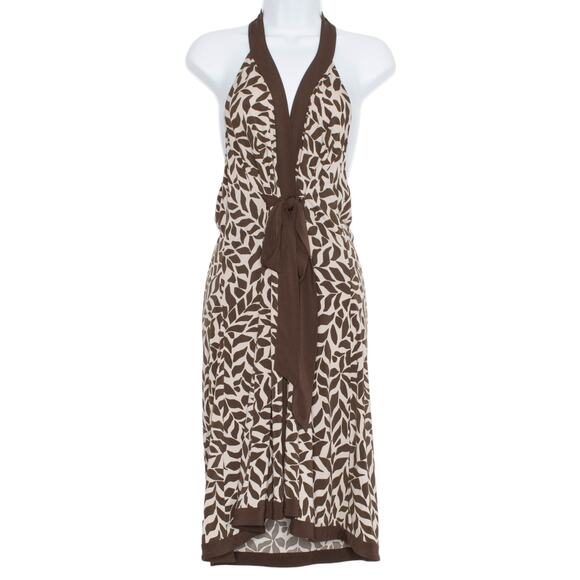 NWT BCBGMaxazria Dress Jersey Wrap Halter Boho Botanical Retro Earth Brown Large - Picture 1 of 8